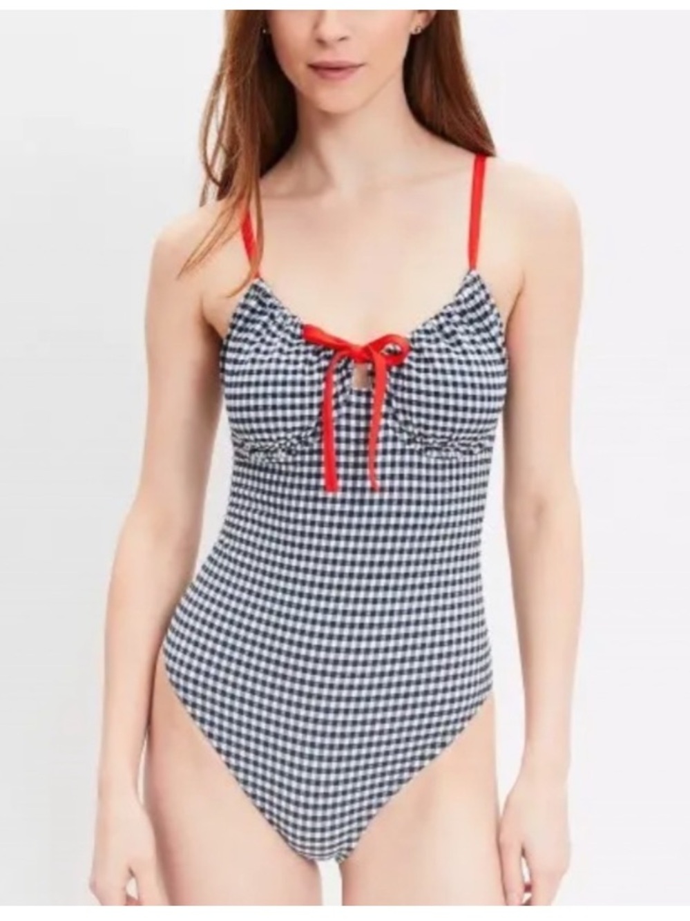 Loft Beach Womens Gingham Front Tie Key Hole One Piece Swimsuit NWT
